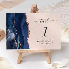 Tarjeta De Mesa Boda Moderna Navy Azul Rosa Dorada Agata Rubor