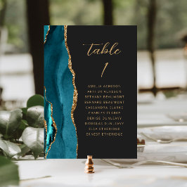 Tarjeta De Mesa Boda Moderna Oscura Agate Azul Teal Dorado Script