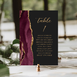 Tarjeta De Mesa Boda moderna oscura de Agata Borgoña Dorado Script