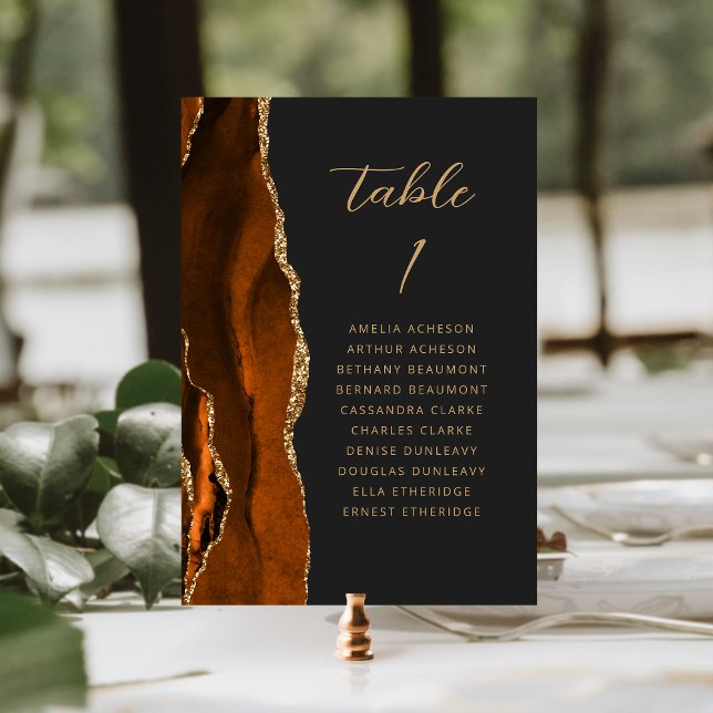 Tarjeta De Mesa Boda moderna oscura de guion quemado naranja dorad (Subido por el creador)