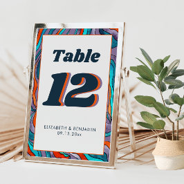 Tarjeta De Mesa Boda moderna retro groovy naranja púrpura ondulada