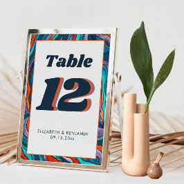 Tarjeta De Mesa Boda moderna retro groovy naranja quemada azul