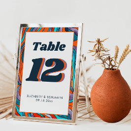Tarjeta De Mesa Boda moderna retro groovy naranja quemada azul