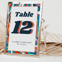 Tarjeta De Mesa Boda moderna retro groovy naranja quemada azul