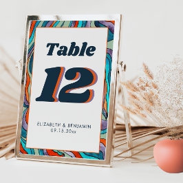Tarjeta De Mesa Boda moderna retro groovy ondulada naranja verde