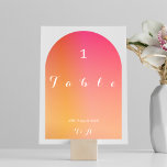 Tarjeta De Mesa Boda Moderno Boho Arch Sunset Ombre<br><div class="desc">Este es un diseño moderno de tarjeta de número de tabla de Boda de arco oscuro con puesta de sol. Está decorado con colores naranja y rojo oscuro/gradiente de verano y tipografía/guión blanco elegante. La tarjeta es de doble cara, con el mismo texto en la parte delantera y en la...</div>