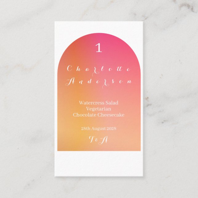 Tarjeta De Mesa Boda Moderno Boho Arch Sunset Ombre Menú Nombre (Anverso)