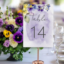 Tarjeta De Mesa Boda moderno con flores moradas y amarillas