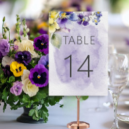 Tarjeta De Mesa Boda moderno con flores moradas y amarillas