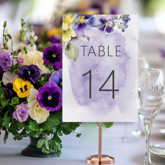 Tarjeta De Mesa Boda moderno con flores moradas y amarillas (Subido por el creador)