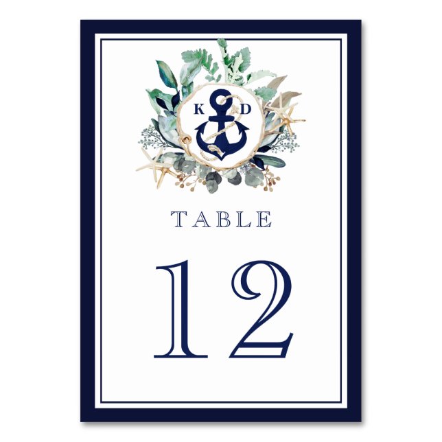 Tarjeta De Mesa Boda Monograma Anclaje de acuarela rústico (Anverso)
