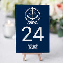 Tarjeta De Mesa Boda Monograma de Ancla Azul Marítimo