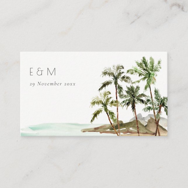 Tarjeta De Mesa Boda Monograma de arena de palmeras tropicales (Anverso)