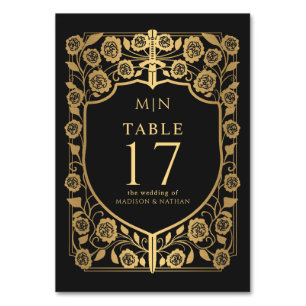 Tarjeta De Mesa Boda Monograma de Fantasía Medieval de Black Shiel