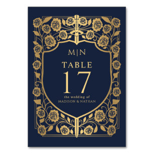 Tarjeta De Mesa Boda Monograma de Fantasía Medieval de Blue Shield