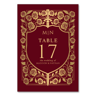Tarjeta De Mesa Boda Monograma de Fantasía Medieval de Escudo Rojo