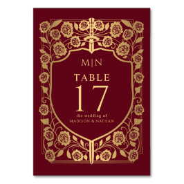 Tarjeta De Mesa Boda Monograma de Fantasía Medieval de Escudo Rojo