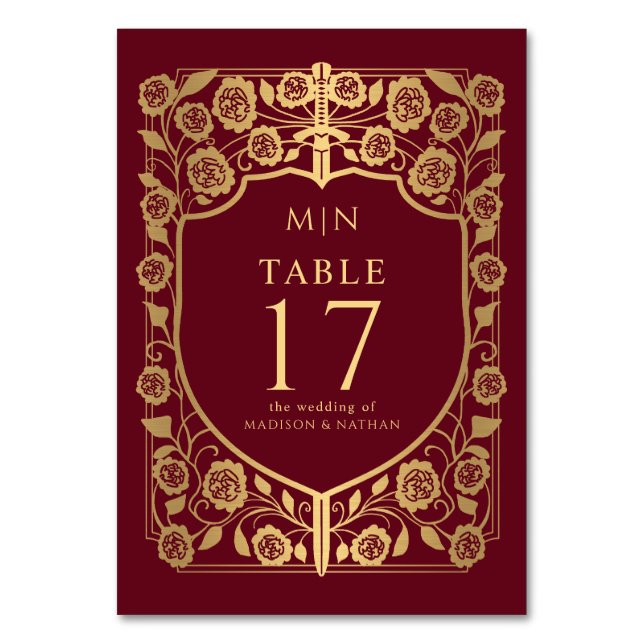 Tarjeta De Mesa Boda Monograma de Fantasía Medieval de Escudo Rojo (Anverso)