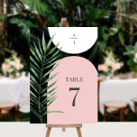 Tarjeta De Mesa Boda Monograma de hojas de palma de los arcos trop<br><div class="desc">Arcos Rubor rosa y blanco sobre fondo de hojas de palma oscuras con monograma en ilustracion gris y acuarela</div>