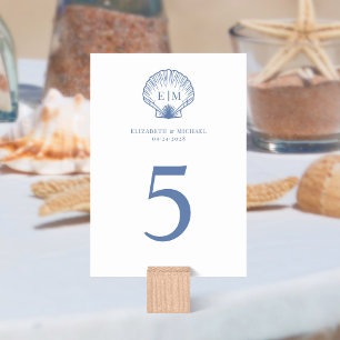 Tarjeta De Mesa Boda Monograma de la concha azul costera