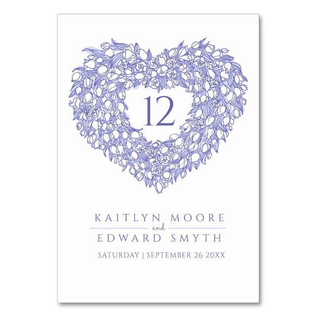 Tarjeta De Mesa boda monograma de tulipanes azules personalizado (Anverso)