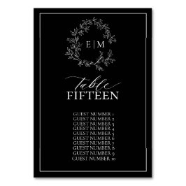 Tarjeta De Mesa Boda Monograma del Escudo de Leafy Blancas Negras