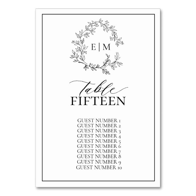 Tarjeta De Mesa Boda Monograma del Escudo de Leafy Negro Blanco (Anverso)