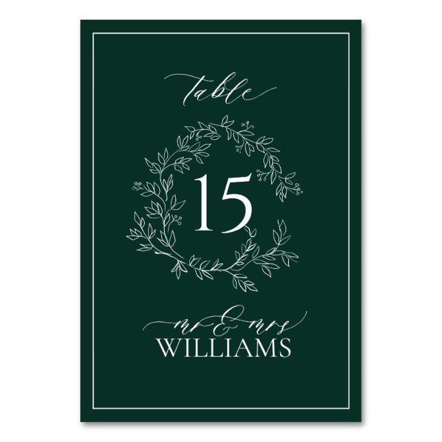 Tarjeta De Mesa Boda Monograma del Escudo Esmeralda Green Leafy (Anverso)