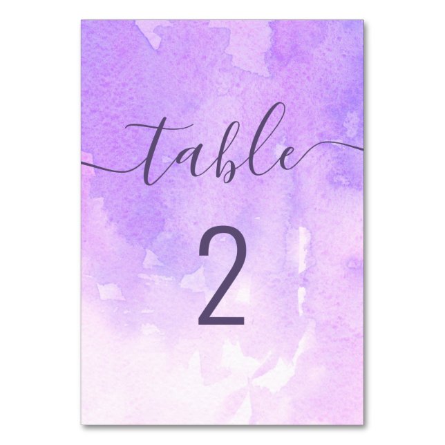 Tarjeta De Mesa Boda morado acuarela. Guión simple de Lilac (Anverso)