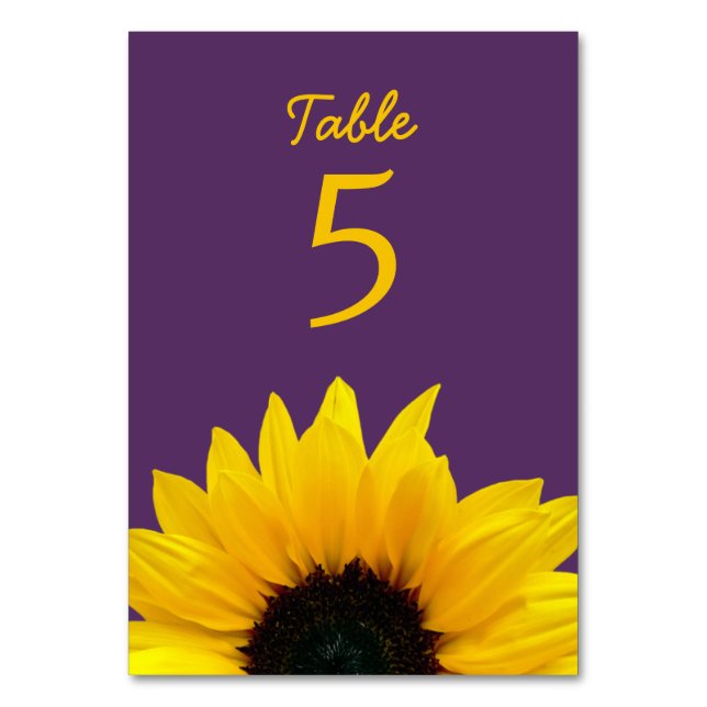 Tarjeta De Mesa Boda morado de flor de girasol amarillo (Anverso)