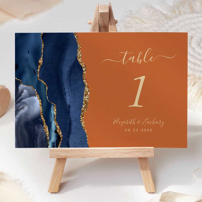 Tarjeta De Mesa Boda Naranja de la Marina Blue Gold Agate (Subido por el creador)