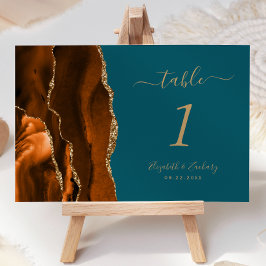 Tarjeta De Mesa Boda Naranja Quemada Oro Ágata Verde Teal