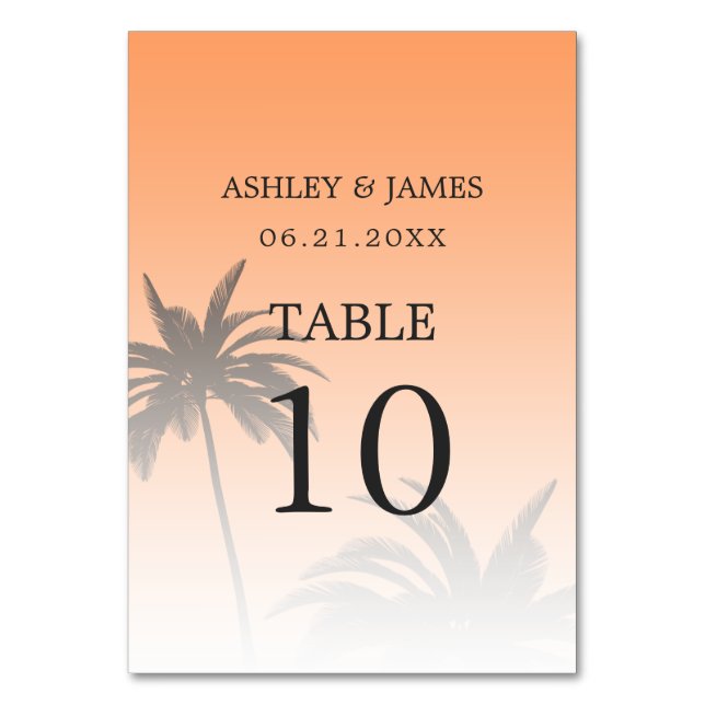 Tarjeta De Mesa Boda naranja Tropical Palm Tree Beach (Reverso)