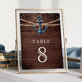 Tarjeta De Mesa Boda náutica ancla de madera rústica azul marino