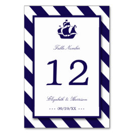 Tarjeta De Mesa Boda Nautical Stripes & Navy Blue Ship