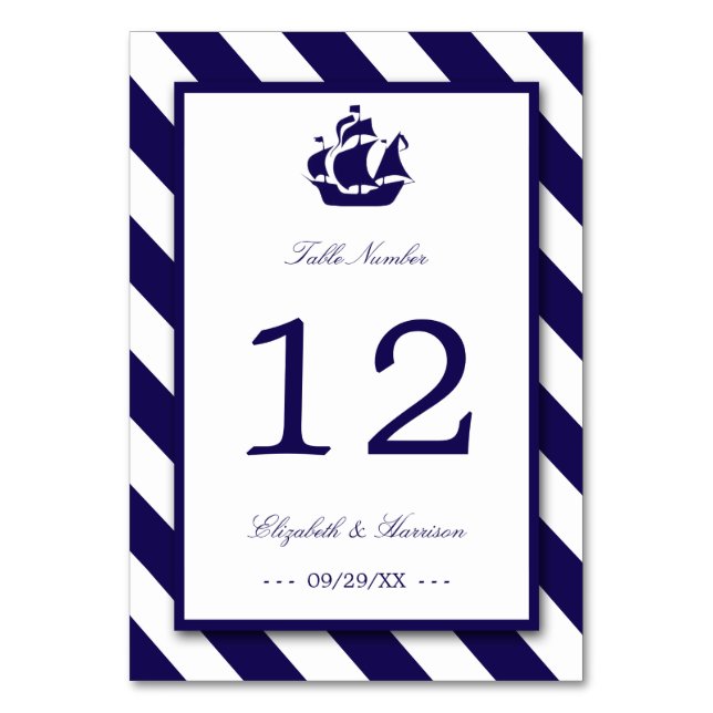 Tarjeta De Mesa Boda Nautical Stripes & Navy Blue Ship (Anverso)