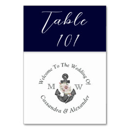 Tarjeta De Mesa Boda Náutico Anclaje Floral Blanco Azul