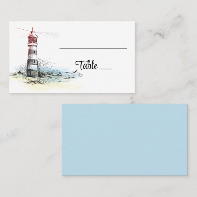 Tarjeta De Mesa Boda Náutico Azul de verano de Lighthouse Beach (Anverso / Reverso)