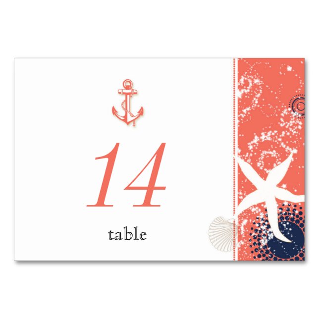 Tarjeta De Mesa Boda Náutico Blanco Azul de la Marina Coral (Anverso)