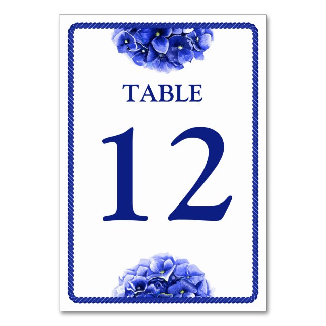 Tarjeta De Mesa Boda Náutico Floral Azul Hidrangea (Anverso)