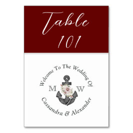 Tarjeta De Mesa Boda Náutico Maroon Anclaje Floral Rojo