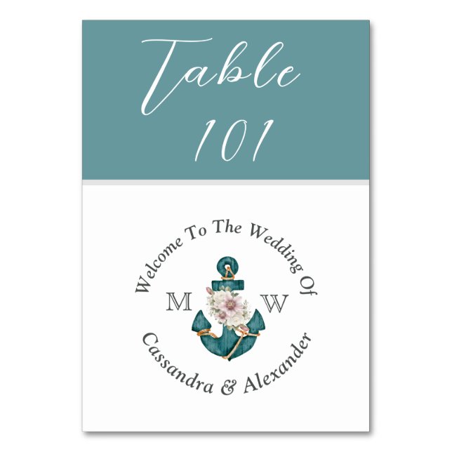 Tarjeta De Mesa Boda Náutico Polvo Verde azulado Aqua Blue (Anverso)