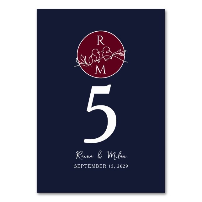 Tarjeta De Mesa Boda Navy Blue Burgundy (Anverso)