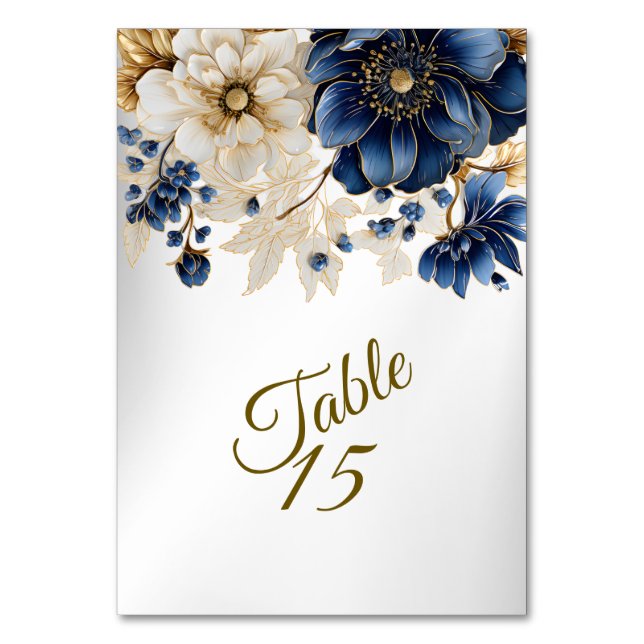 Tarjeta De Mesa Boda Navy Blue White Golden Floral Silver (Anverso)