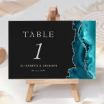 Tarjeta De Mesa Boda negro azabache verde azulado<br><div class="desc">El borde derecho de esta elegante y moderna tarjeta boda número de mesa tiene un verde azulado borde de barra de acuarela azul recortado con un falso purpurina plateado. El texto del personalizable combina serif romano plateado gris,  cursiva y fuentes de copperplate en un fondo fuera de negro.</div>