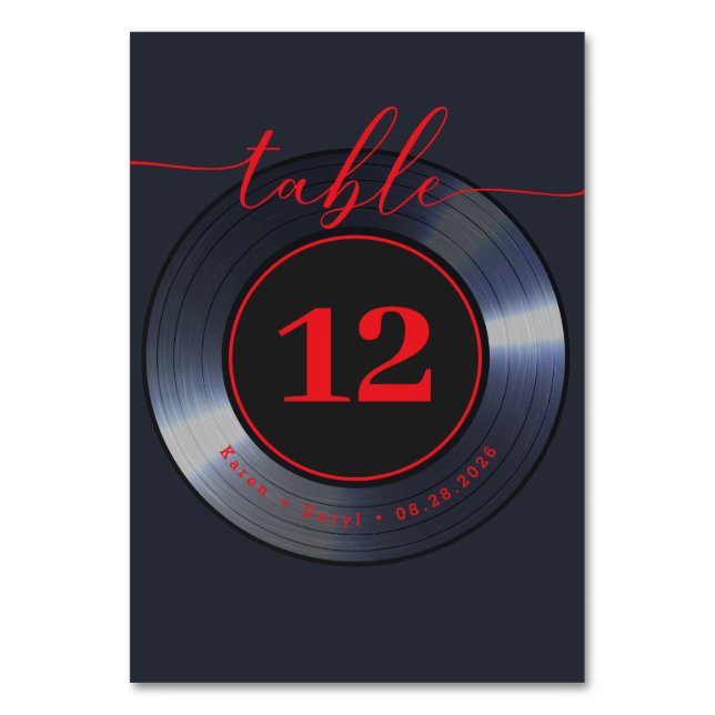 Tarjeta De Mesa Boda negro de récord de vinilo retro (Anverso)