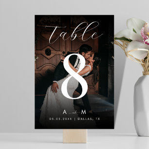 Tarjeta De Mesa Boda negro elegante de foto oscura y monograma