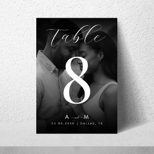 Tarjeta De Mesa Boda negro elegante de foto oscura y monograma