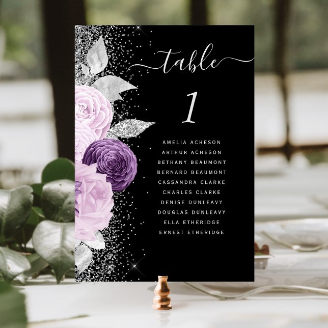 Tarjeta De Mesa Boda Negro Purpura Floral Plateado Brillante (Subido por el creador)