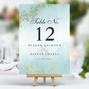 Tarjeta De Mesa Boda Niebla Teal con Toques de Oro Luxe Moderno